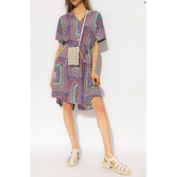 ALLSAINTS Athea Luisa Dress Multi Color Geometric Print Short Sleeve Belted 4 - Picture 1 of 14